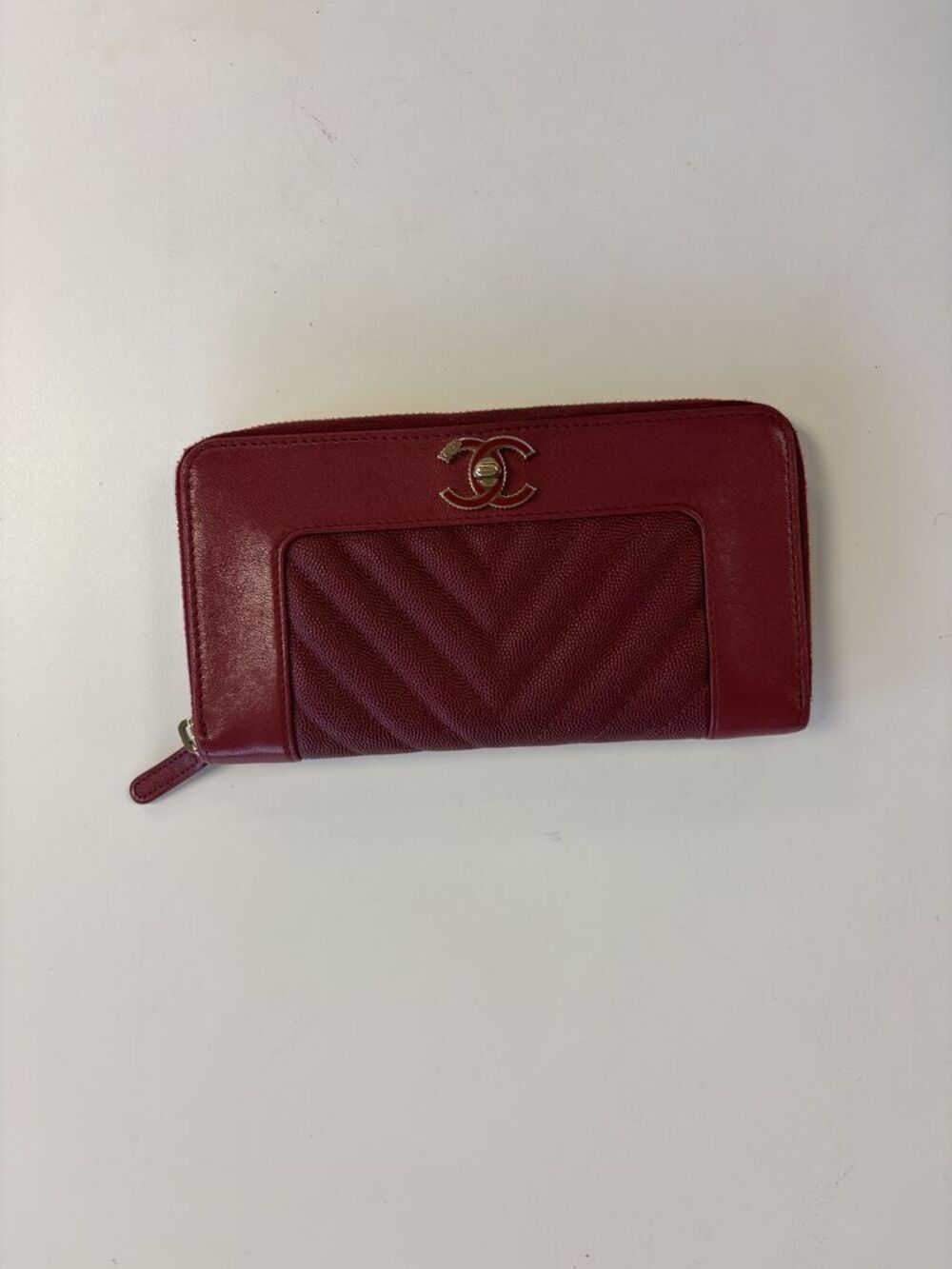 Chanel Red Caviar Chevron CC Zip Around Long Wallet